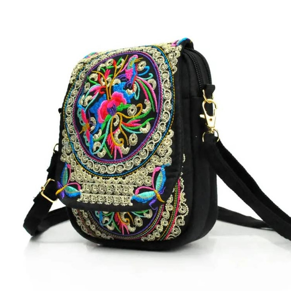 Women's Embroidered Crossbody Bag, Small Canvas Shoulder Bag, Zipper Phone Bag - Picture 4 of 7